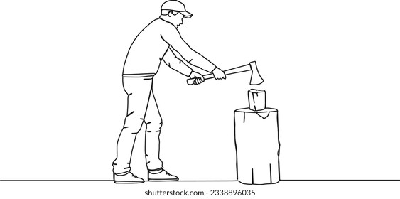 continuous single line drawing of man chopping wood with axe, line art vector illustration