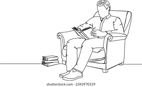 continuous single line drawing of man sitting in armchair reading a book, line art vector illustration