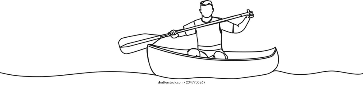 continuous single line drawing of man in canoe on lake or river, canoeing line art vector illustration