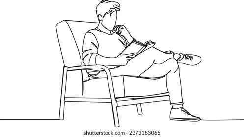 continuous single line drawing of man in comfortable armchair reading a book, line art vector illustration