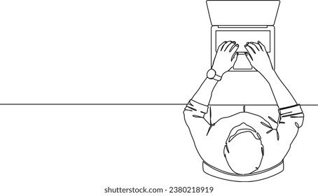 continuous single line drawing of man sitting at desk using laptop computer, line art vector illustration