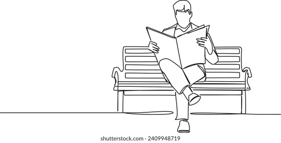 continuous single line drawing of man on bench reading a newspaper, line art vector illustration