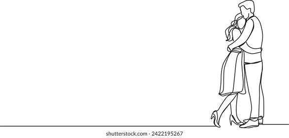 dibujo continuo de una sola línea de abrazo de hombres y mujeres, ilustración de vectores de líneas de arte