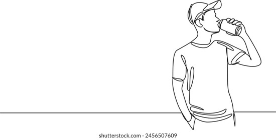 continuous single line drawing of man drinking from soda can, line art vector illustration