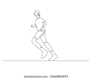 Continuous single line drawing of a man wearing a backwards hat runs casually on a straight track. Healthy sport training concept. Design vector illustration