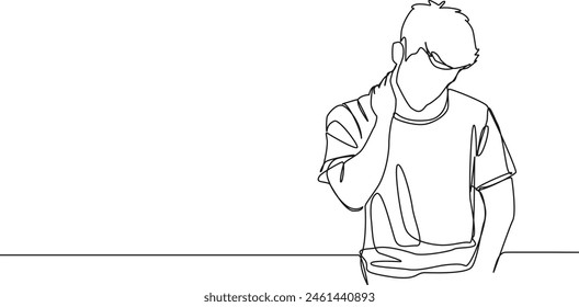 continuous single line drawing of man with neck pain, line art vector illustration