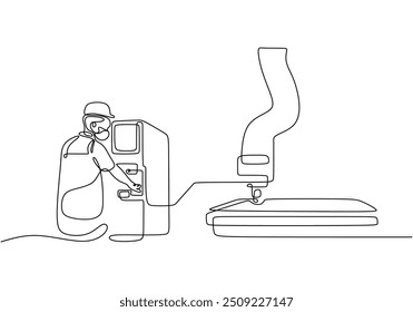 Dibujo continuo de una sola línea de un hombre que opera una máquina de fábrica con un sistema robótico. Ilustra la manufactura moderna con automatización en un diseño de Vector.