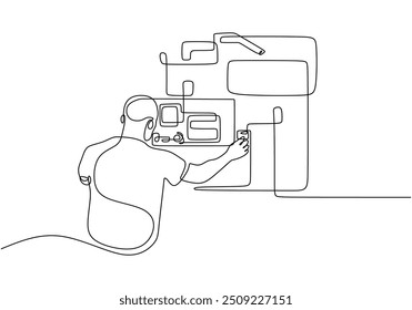 Desenho contínuo de linha única de um homem operando uma máquina de fábrica. Representa o trabalho industrial com uma abordagem minimalista.