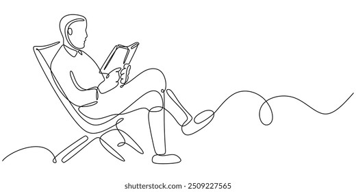 Continuous single line drawing of a man reading a book. Features a person sitting and relaxing while reading in a minimalist hand-drawn style.