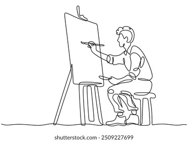 Desenho contínuo de uma única linha de um homem pintando em uma tela. Ilustração vetorial minimalista do artista no trabalho.