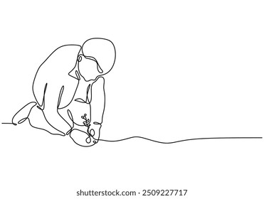 Continuous single line drawing of a man planting. Features the gardening activity in a minimalist hand-drawn style.