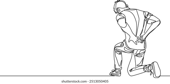 continuous single line drawing of man kneeling on floor suffering from back pain, line art vector illustration