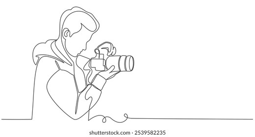 desenho de linha única contínua do homem com câmera DSLR tirando fotos, ilustração vetorial de arte de linha