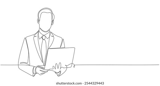 Dibujo continuo de una sola línea de hombre usando computadora portátil, Ilustración vectorial de arte lineal