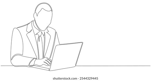 desenho contínuo de uma única linha do homem usando computador laptop, ilustração de vetor de arte de linha
