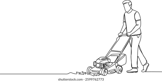continuous single line drawing of man mowing lawn with lawnmower, line art vector illustration