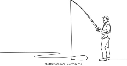 continuous single line drawing of man fishing with fishing rod, line art vector illustration