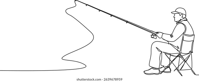 continuous single line drawing of man with fishing rod sitting on fishing chair, line art vector illustration