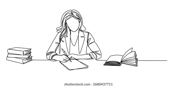 Dibujo continuo de una sola línea de hombre y mujer tomando notas en la Ilustración vectorial de arte de línea de diario o diario