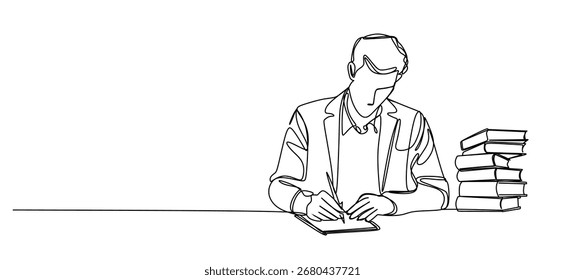 Dibujo continuo de una sola línea de hombre y mujer tomando notas en la Ilustración vectorial de arte de línea de diario o diario