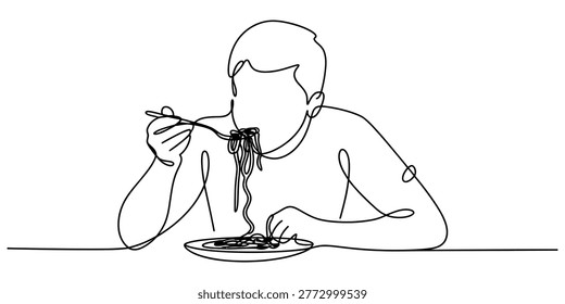 Continuous single line drawing of a man eating a plate of delicious pasta with a fork in a modern minimalist style for creative restaurant menu design
