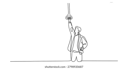 Continuous single line drawing of a man standing in a train or bus holding onto a handrail handle grip for balance during his daily commute to work today Vector, illustration