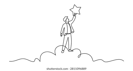 Continuous single line drawing of a man standing on a cloud reaching up to touch a star Vector, illustration