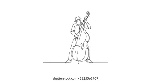 Continuous single line drawing of a man playing a double bass instrument