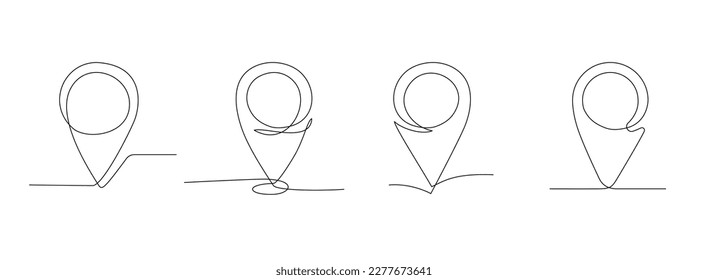 Dibujo continuo de líneas simples de pines de mapa. Estilo lineal de trazo editable. Indicadores de navegación GPS para el concepto de viaje. Colección de un mapa de línea sobre fondo blanco. Ilustración del vector Doodle.