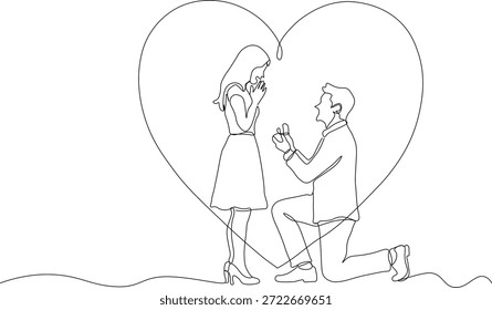 Dibujo continuo de una sola línea de la propuesta de matrimonio pareja con forma de corazón, hombre arrodillado proponiendo a la mujer, tema romántico de San Valentín, silueta de línea negra limpia