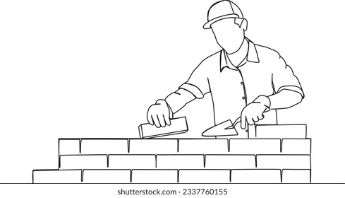 continuous single line drawing of mason building wall, bricklaying line art vector illustration