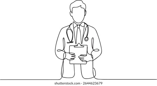 Continuous single line drawing of medical doctor holding clipboard with stethoscope, minimalist vector illustration in line art style

