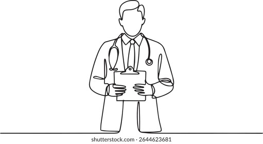 Continuous single line drawing of medical doctor holding clipboard with stethoscope, minimalist vector illustration in line art style

