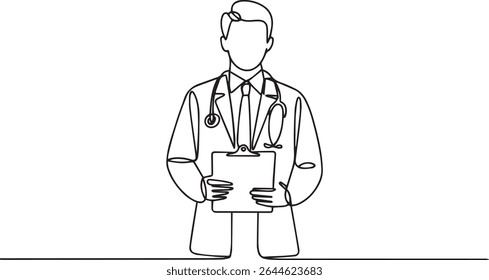 Continuous single line drawing of medical doctor holding clipboard with stethoscope, minimalist vector illustration in line art style

