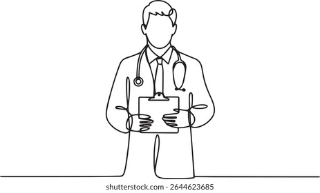 Continuous single line drawing of medical doctor holding clipboard with stethoscope, minimalist vector illustration in line art style

