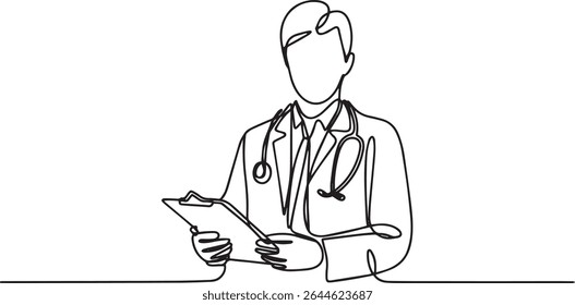 Continuous single line drawing of medical doctor holding clipboard with stethoscope, minimalist vector illustration in line art style

