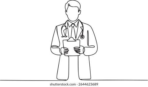 Continuous single line drawing of medical doctor holding clipboard with stethoscope, minimalist vector illustration in line art style

