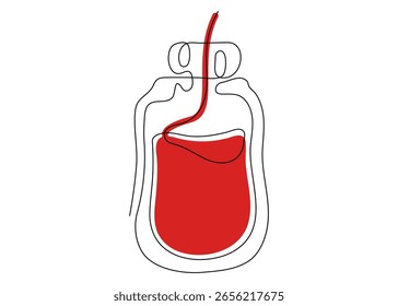Continuous single line drawing of a medical blood transfusion bag with tubing. Minimalist vector illustration symbolizing blood supply in hospitals. Isolated on a white background.