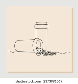 Continuous single line drawing of medicine pill or capsule bottle. Vector illustration one line sketch hand drawn of container medical drug pharmacy care