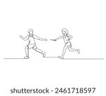 Continuous single line drawing of men who will take the baton from female runners in a relay race. Healthy sport training concept. Design vector illustration