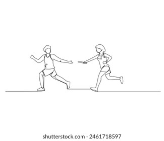 Continuous single line drawing of men who will take the baton from female runners in a relay race. Healthy sport training concept. Design vector illustration