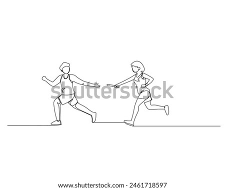 Continuous single line drawing of men who will take the baton from female runners in a relay race. Healthy sport training concept. Design vector illustration