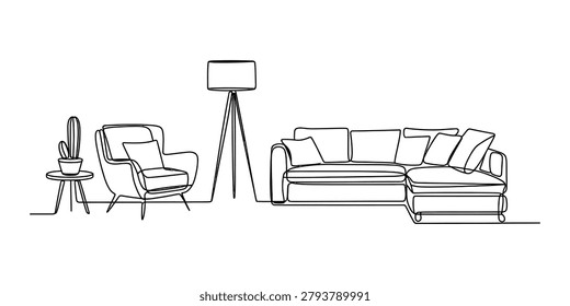 Continuous single line drawing of a modern living room with a comfortable sofa an armchair a standing lamp and a small side table with a cactus plant