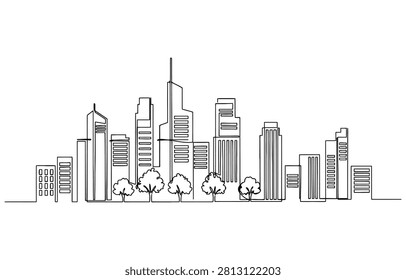 Continuous single line drawing of a modern city skyline with tall office buildings and small trees in a minimalist artistic style Vector, illustration