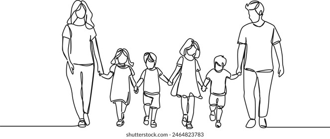 continuous single line drawing of mom and dad with four kids, patchwork family line art vector illustration