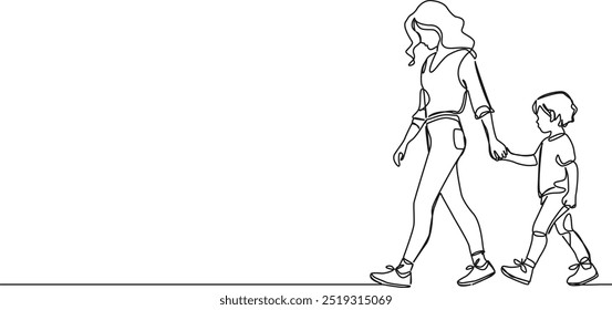 continuous single line drawing of mom and young son walking hand in hand, line art vector illustration