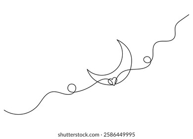 Continuous single line drawing of moon with white Background and Vector illustration