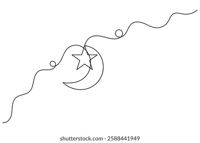 Continuous single line drawing of moon with white Background and Vector illustration