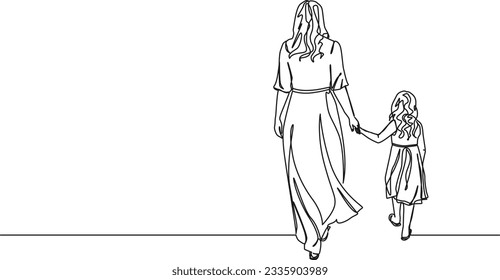 continuous single line drawing of mother and young daughter walking hand in hand, line art vector illustration