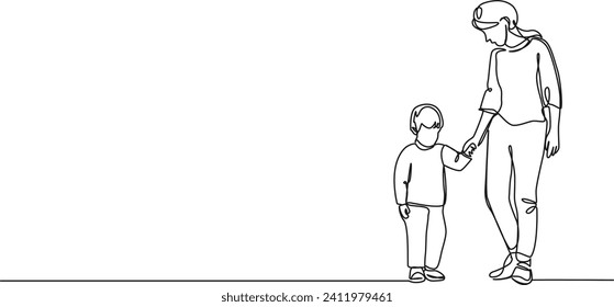 continuous single line drawing of mother and toddler boy holding hands, line art vector illustration